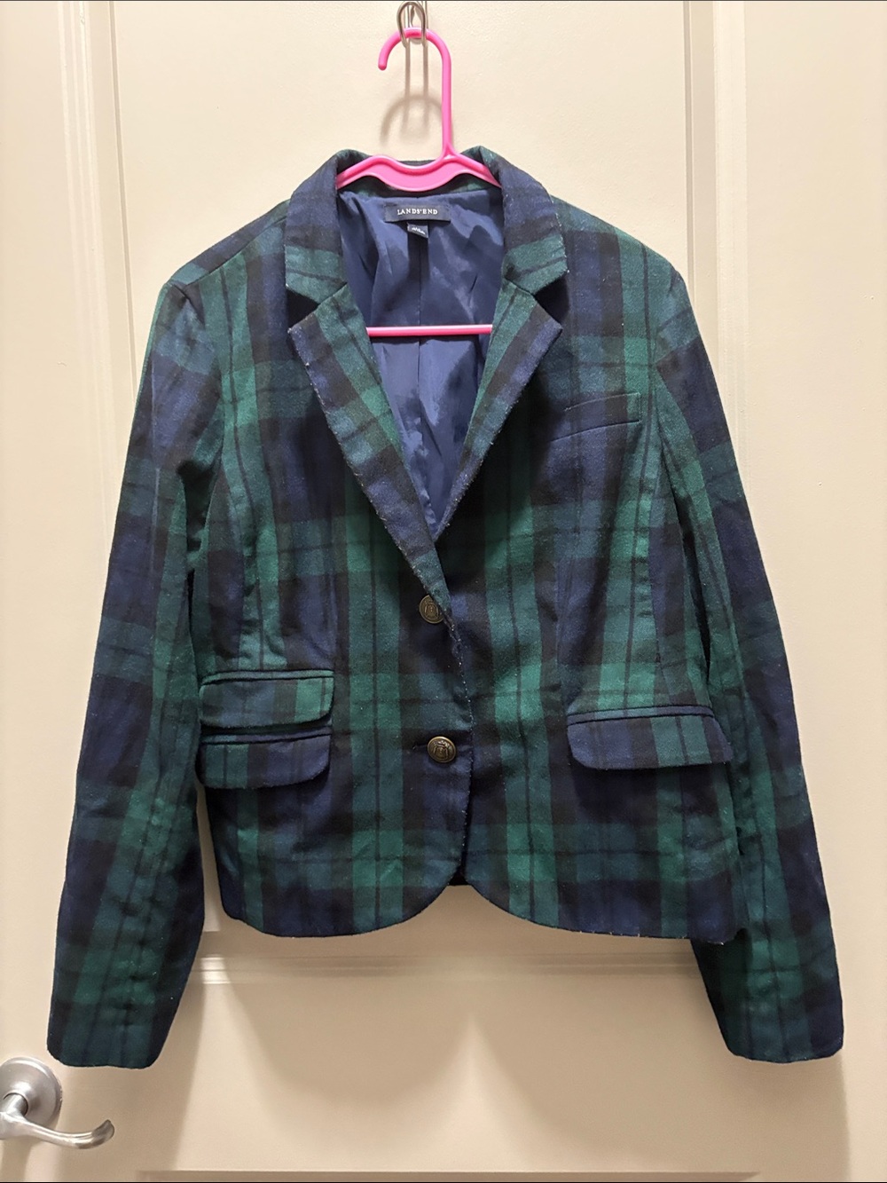 Lands' End Navy and Green Plaid Women's Blazer